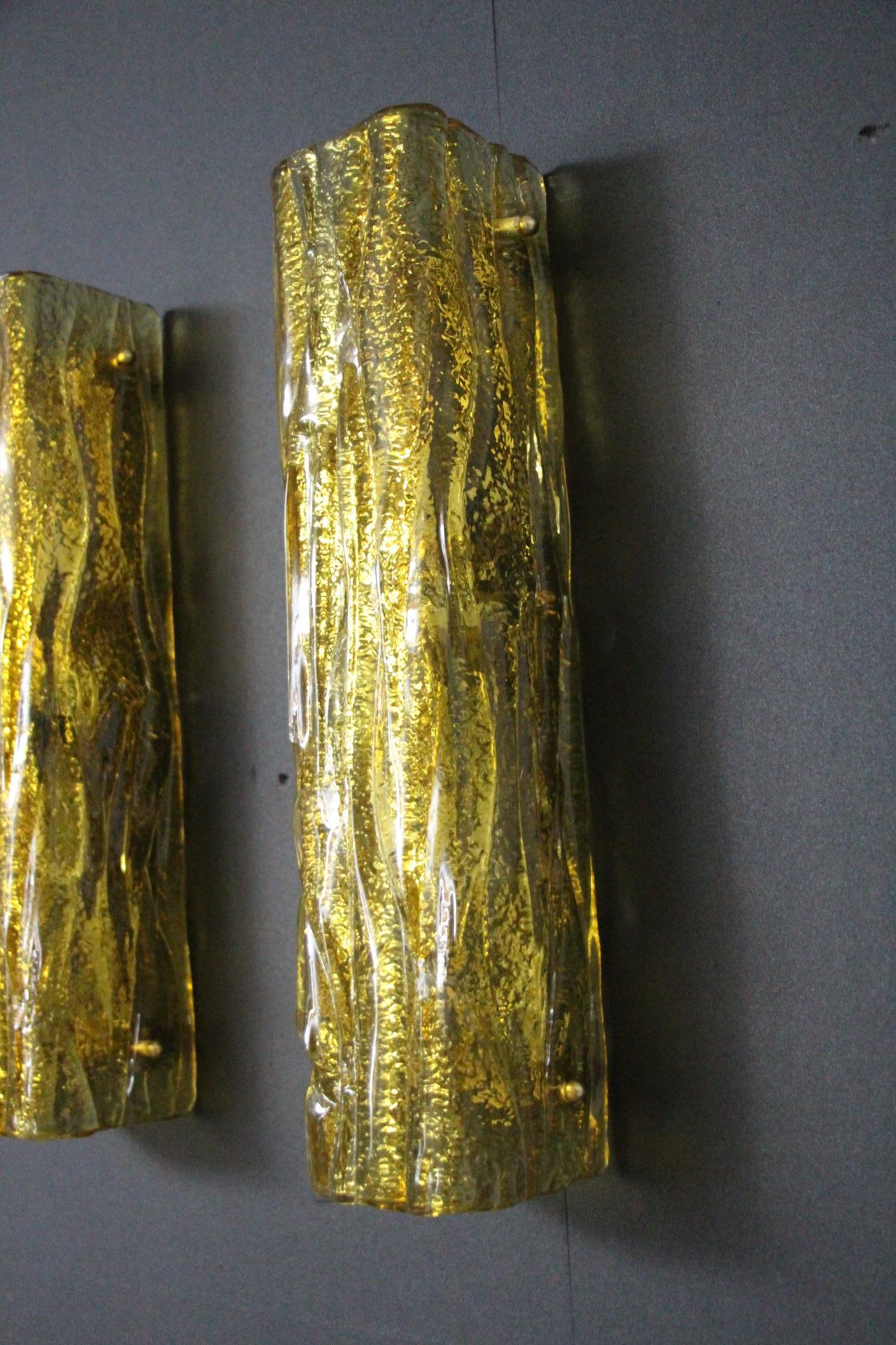 Pair of Golden Murano Glass Sconces, Square Tube Wall Lights, Mazzega Style For Sale 2