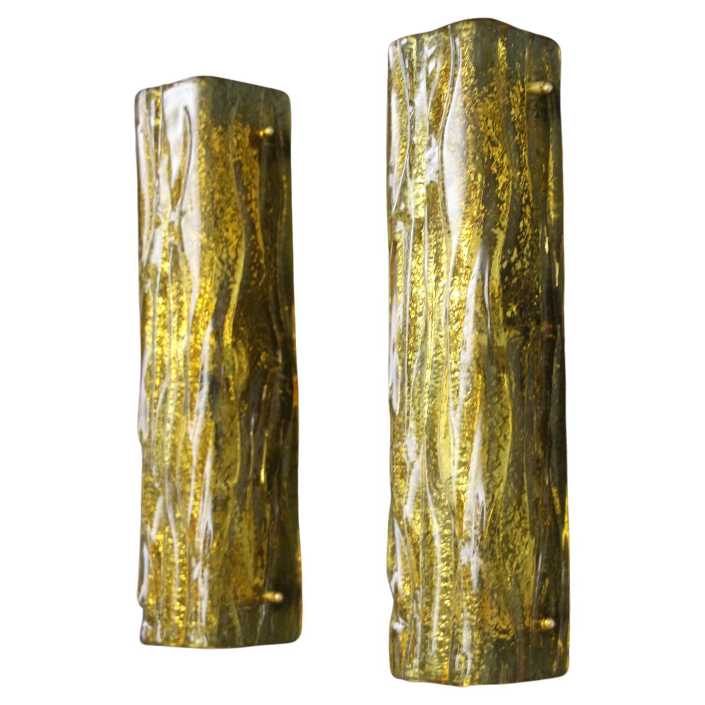 Pair of Golden Murano Glass Sconces, Square Tube Wall Lights, Mazzega Style For Sale
