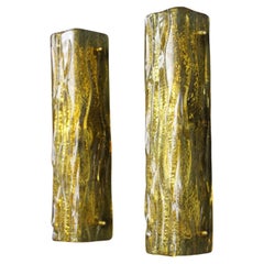 Pair of Golden Murano Glass Sconces, Square Tube Wall Lights, Mazzega Style