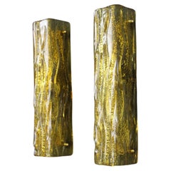 Pareja de Apliques de Cristal de Murano Dorado, Apliques de Tubo Cuadrado, Estilo Mazzega
