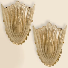 Pair of Golden Murano Glass Shell Wall Sconces, Italy 1960s