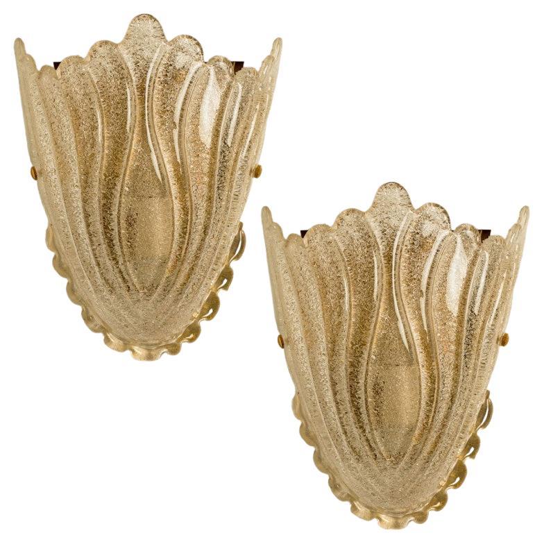 Pair of Golden Murano Glass Shell Wall Sconces, Italy 1960s
