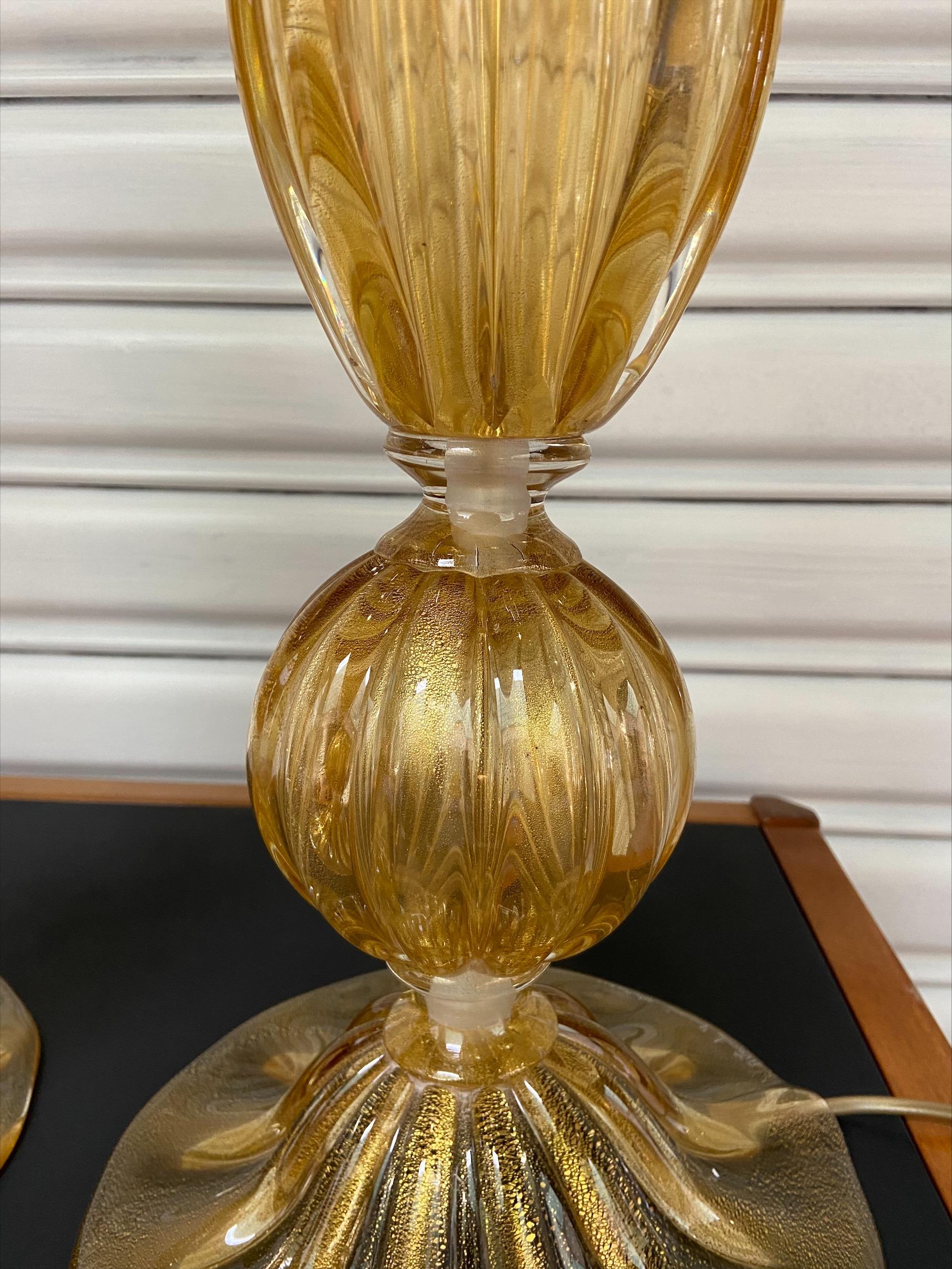 Murano Glass Pair of Golden Murano Lamps, Alberto Dona, 1980 For Sale