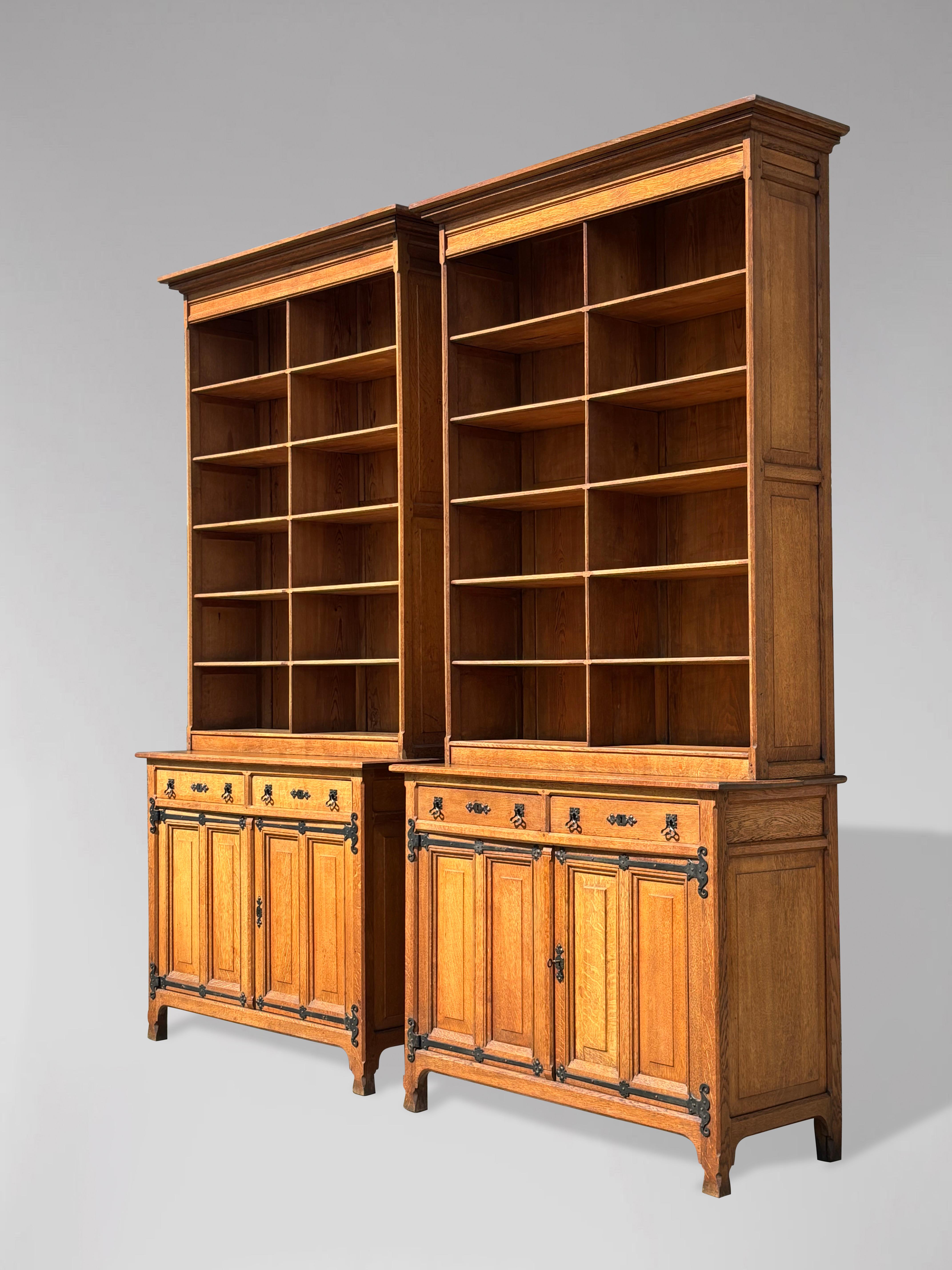 Pair of Golden Oak Arts and Crafts Open Library Bookcases 8