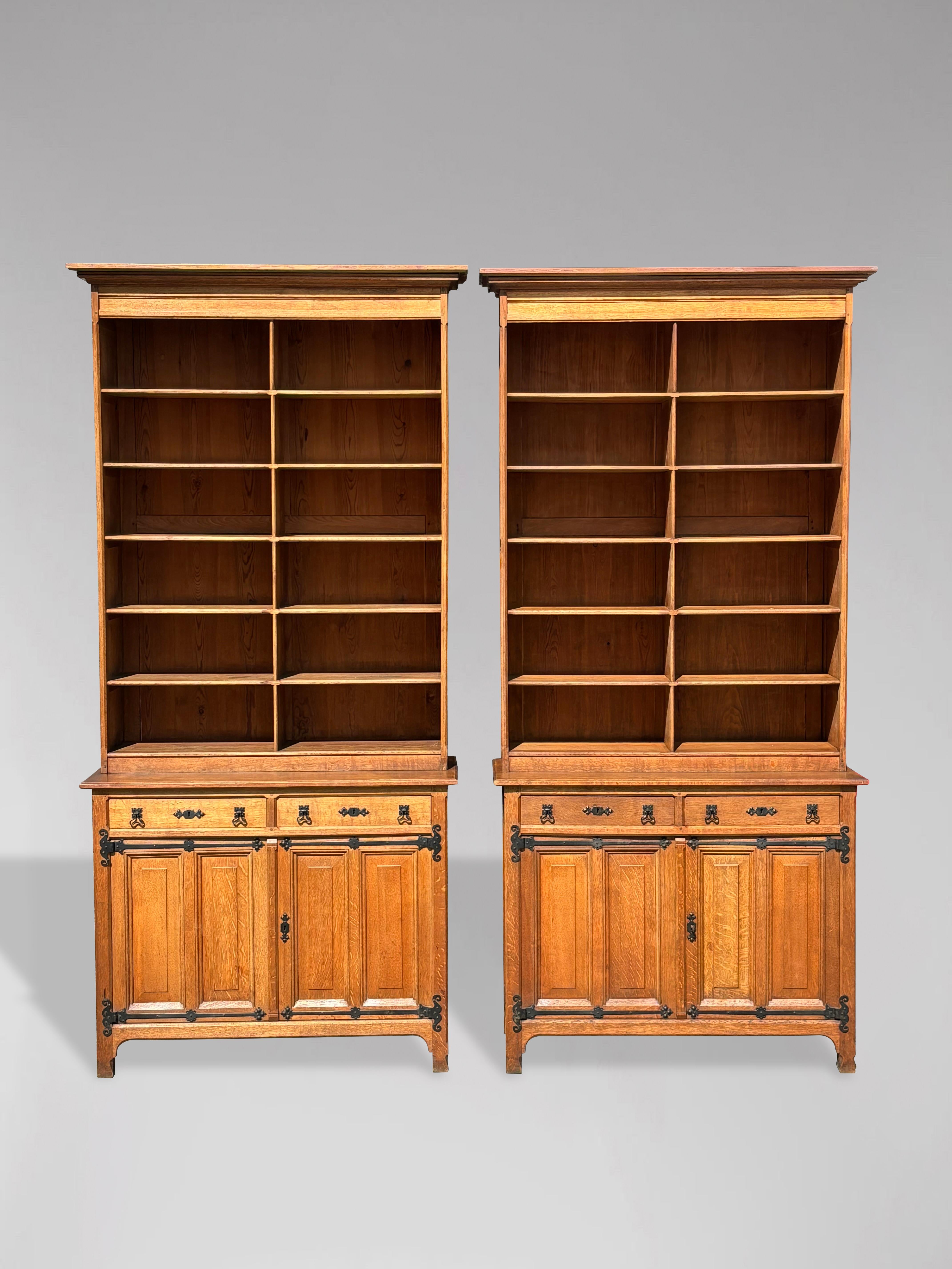Pair of Golden Oak Arts and Crafts Open Library Bookcases 9