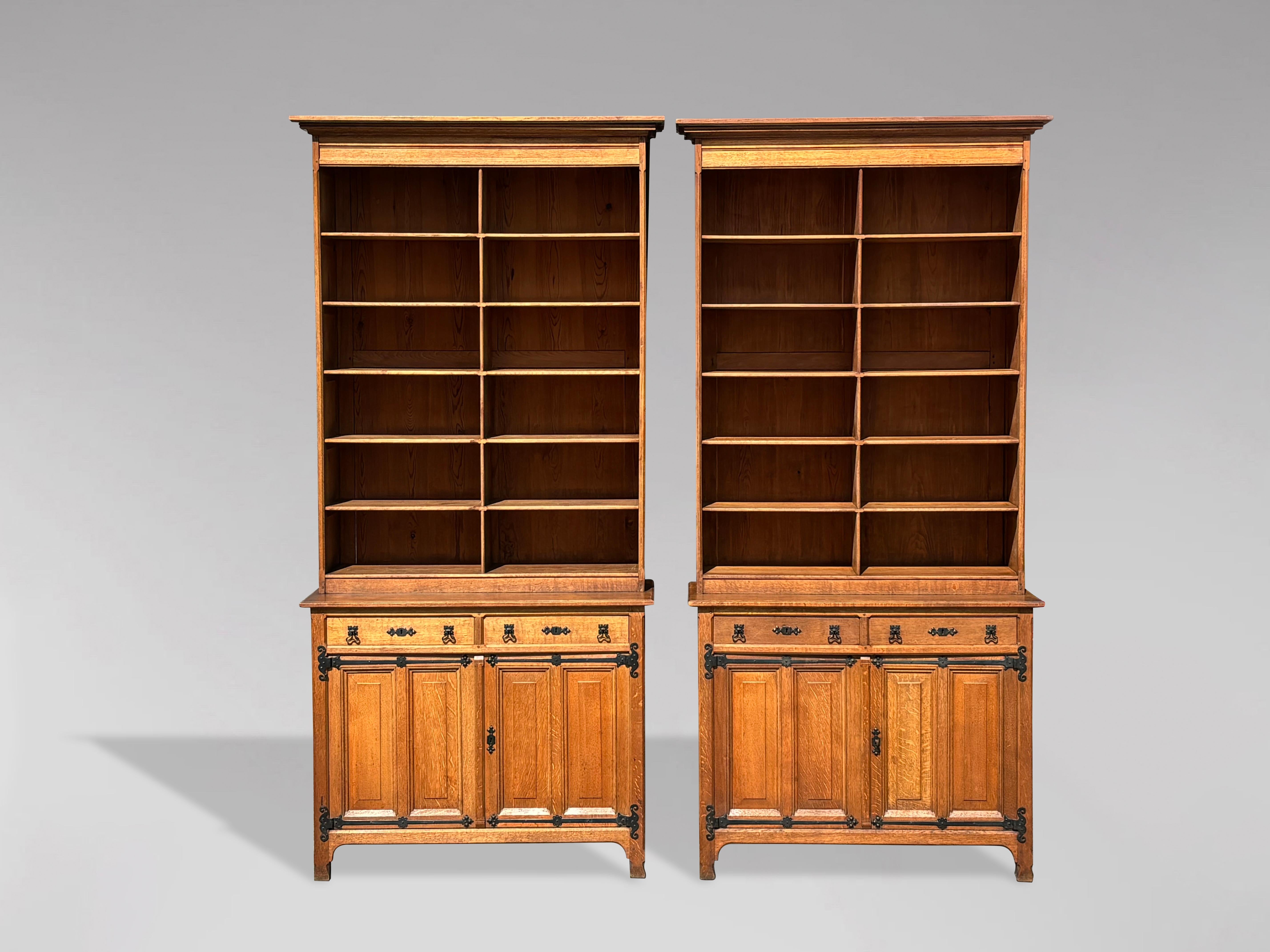 British Pair of Golden Oak Arts and Crafts Open Library Bookcases