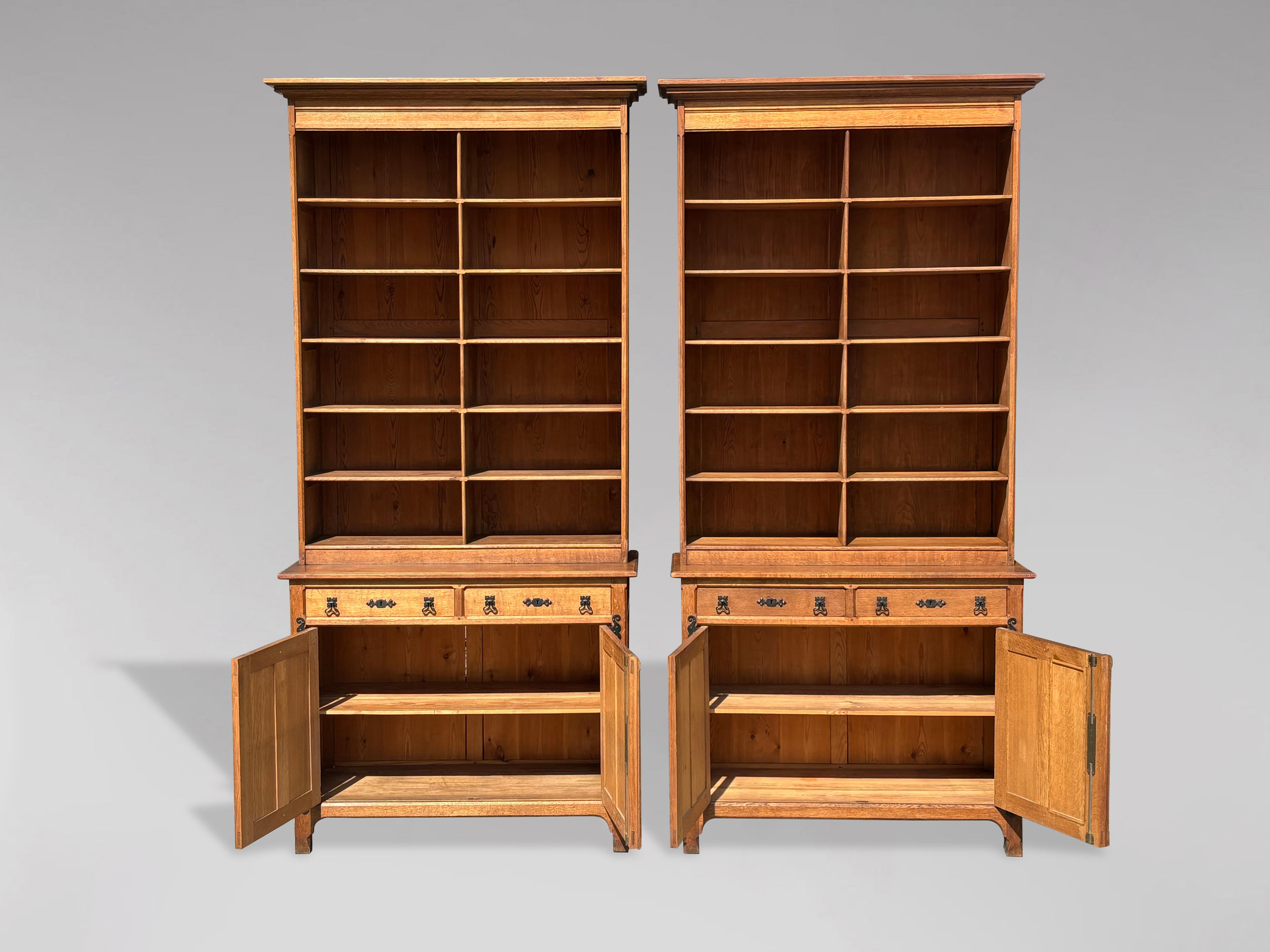 Hand-Crafted Pair of Golden Oak Arts and Crafts Open Library Bookcases