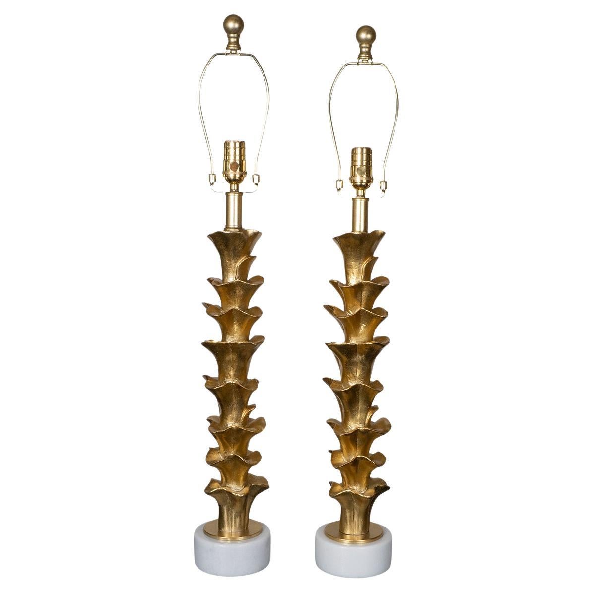 Pair of golden organic form composition table lamps For Sale
