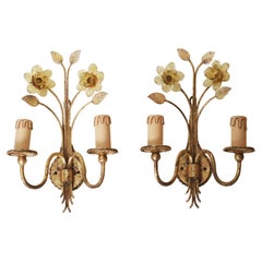Pareja De Apliques Dorados Con Flores De Narciso De Cristal De Murano