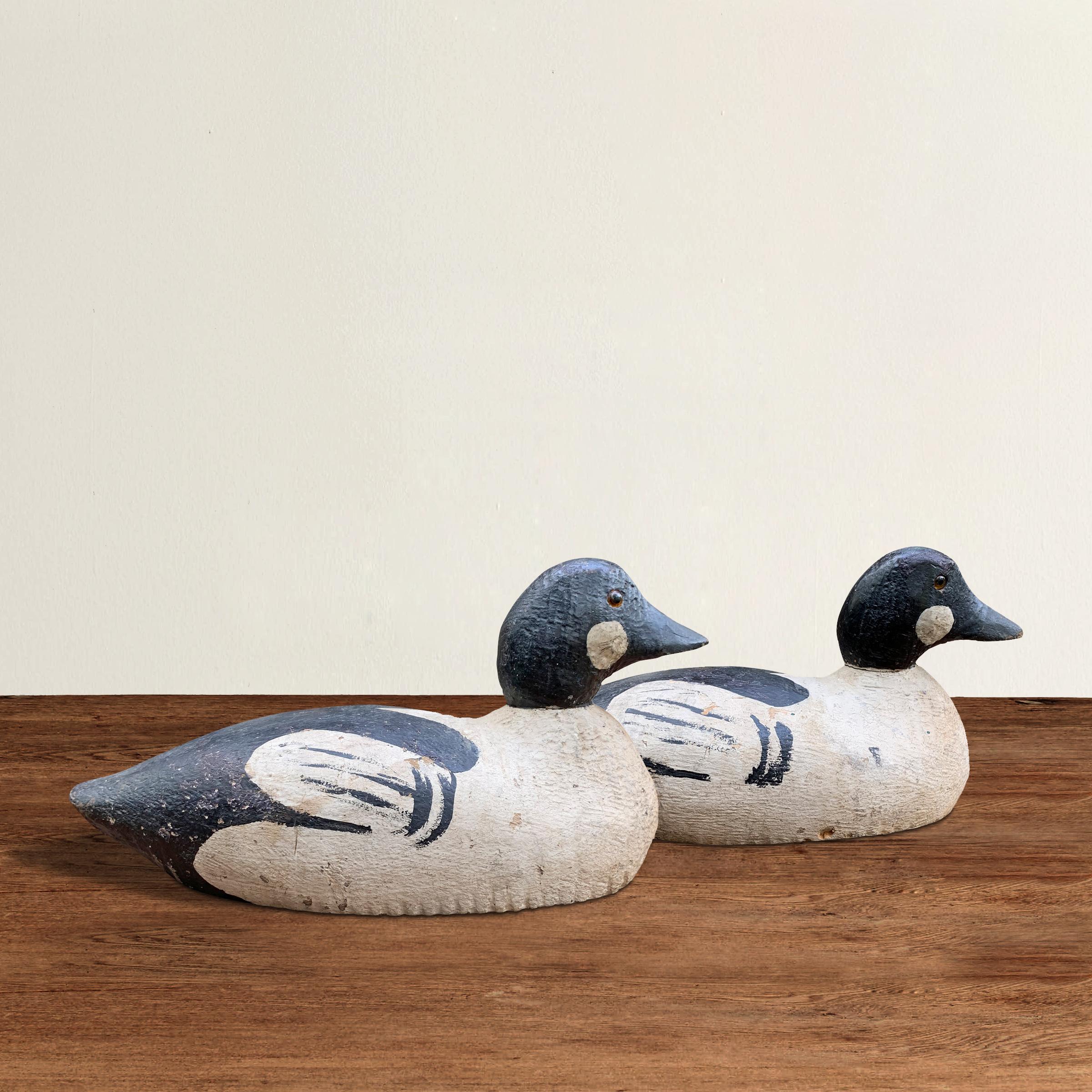A pair of charming mid-20th century American hand carved wood Goldeneye Duck decoys, each handprinted and containing glass eyes.
