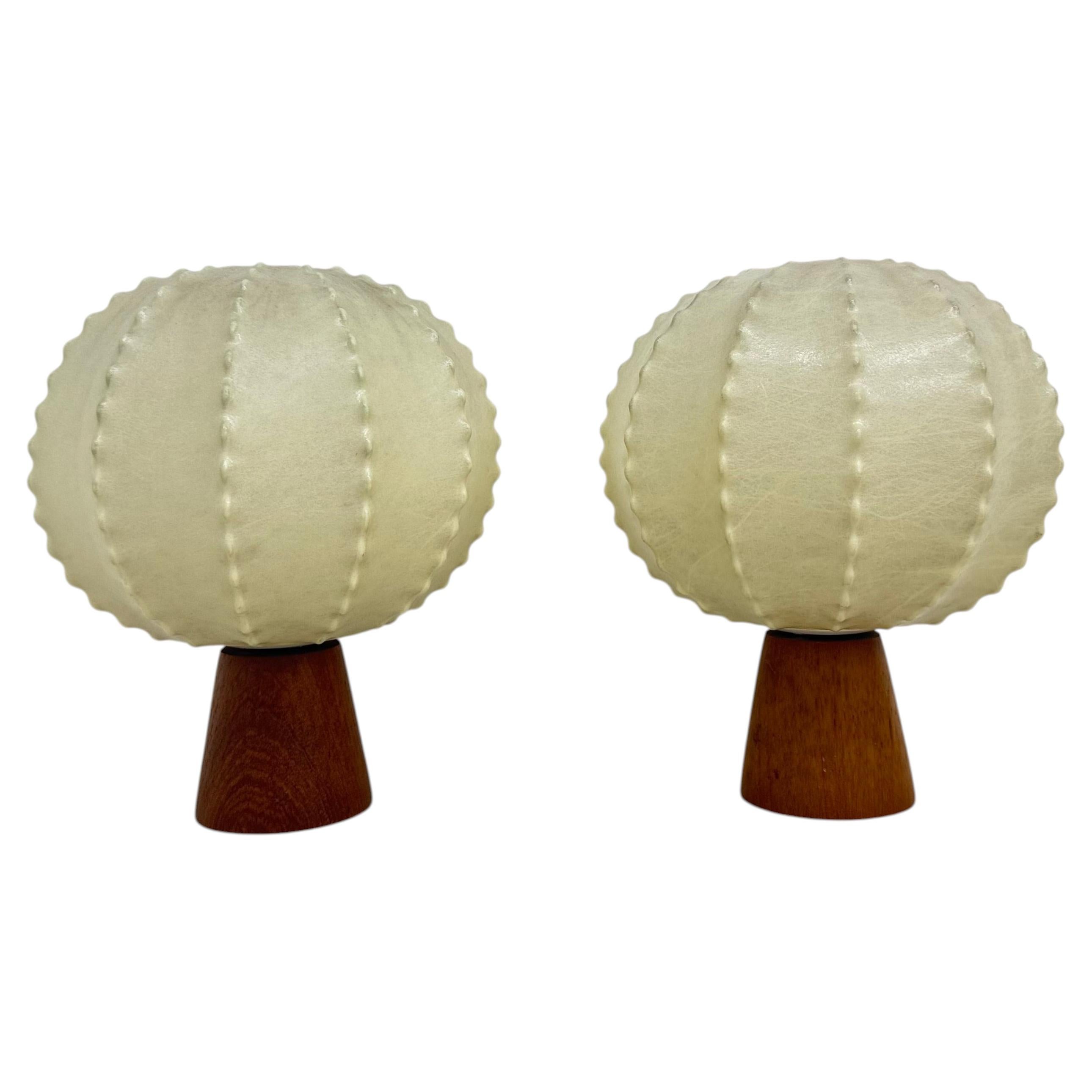 Pair of Goldkant leuchten cocoon with teak base table lamps , 1970s