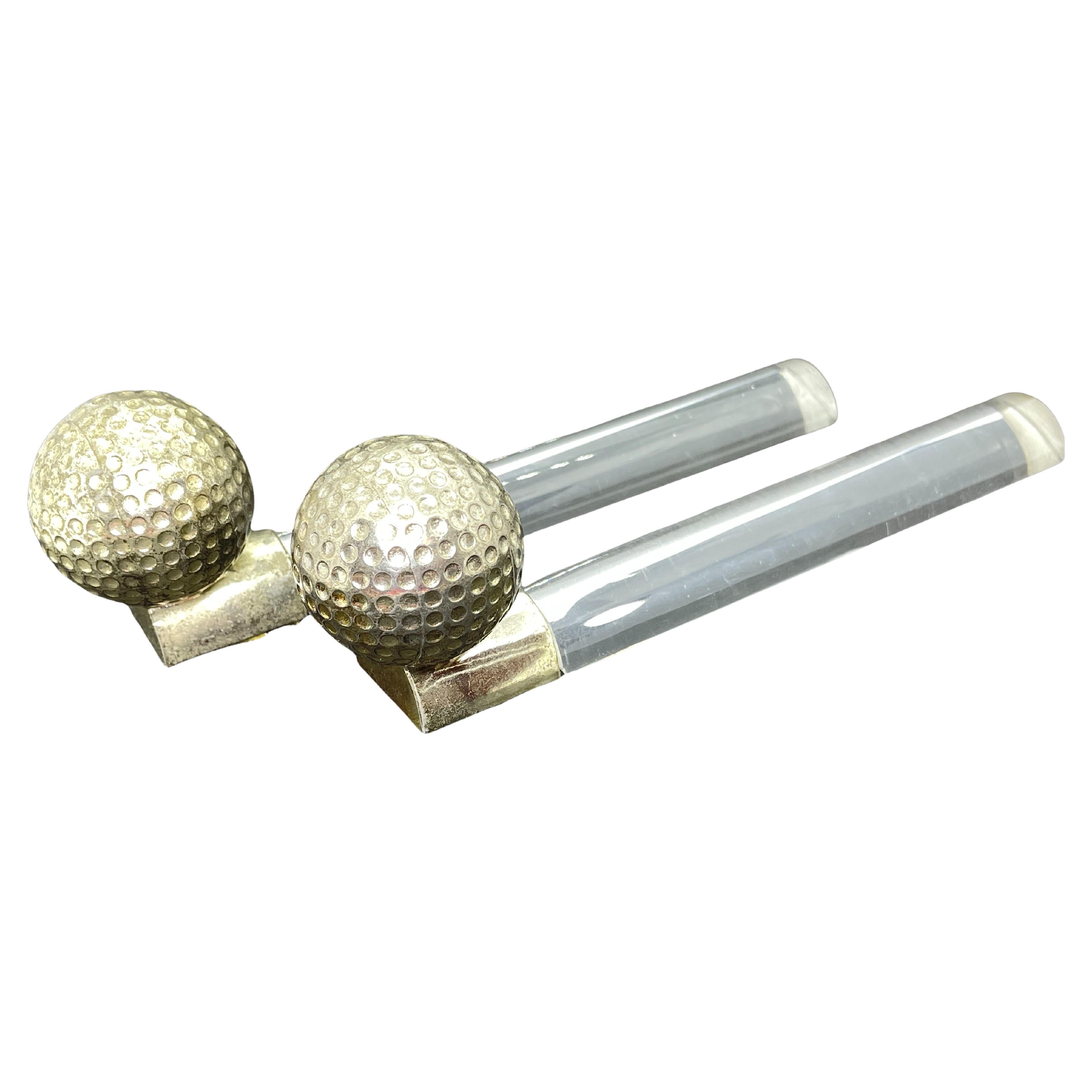 Pair of Golf Ball Bookends Lucite and Chrome Vintage German For Sale