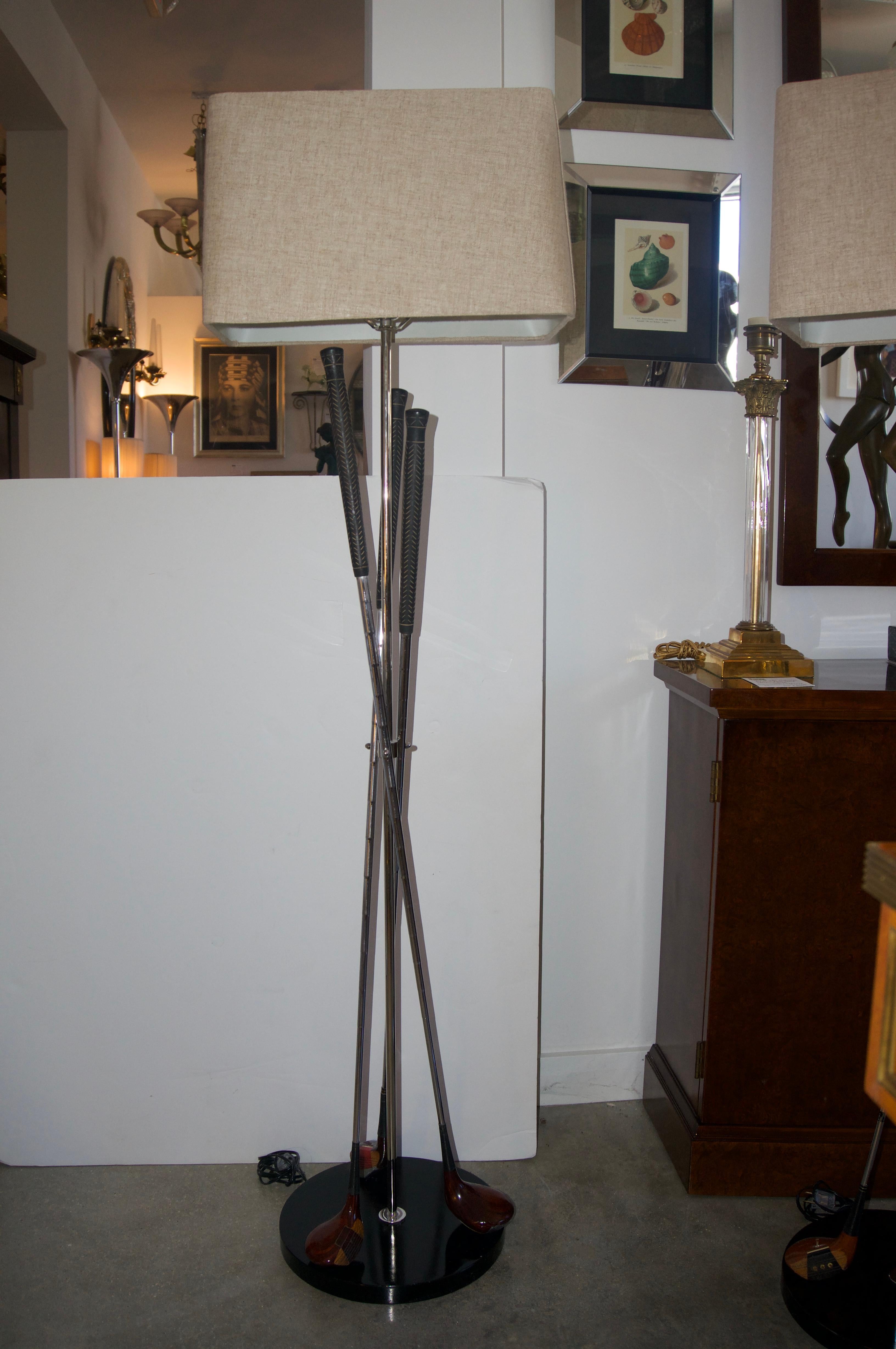 
This handsome bespoke set of tripod, gold club floor lamps will make the perfect edition to your sporting room or man-cave. These lamps were custom created and use a variety of clubs by Power Bilt, Pouette and Stan Thompson. The base is metal with