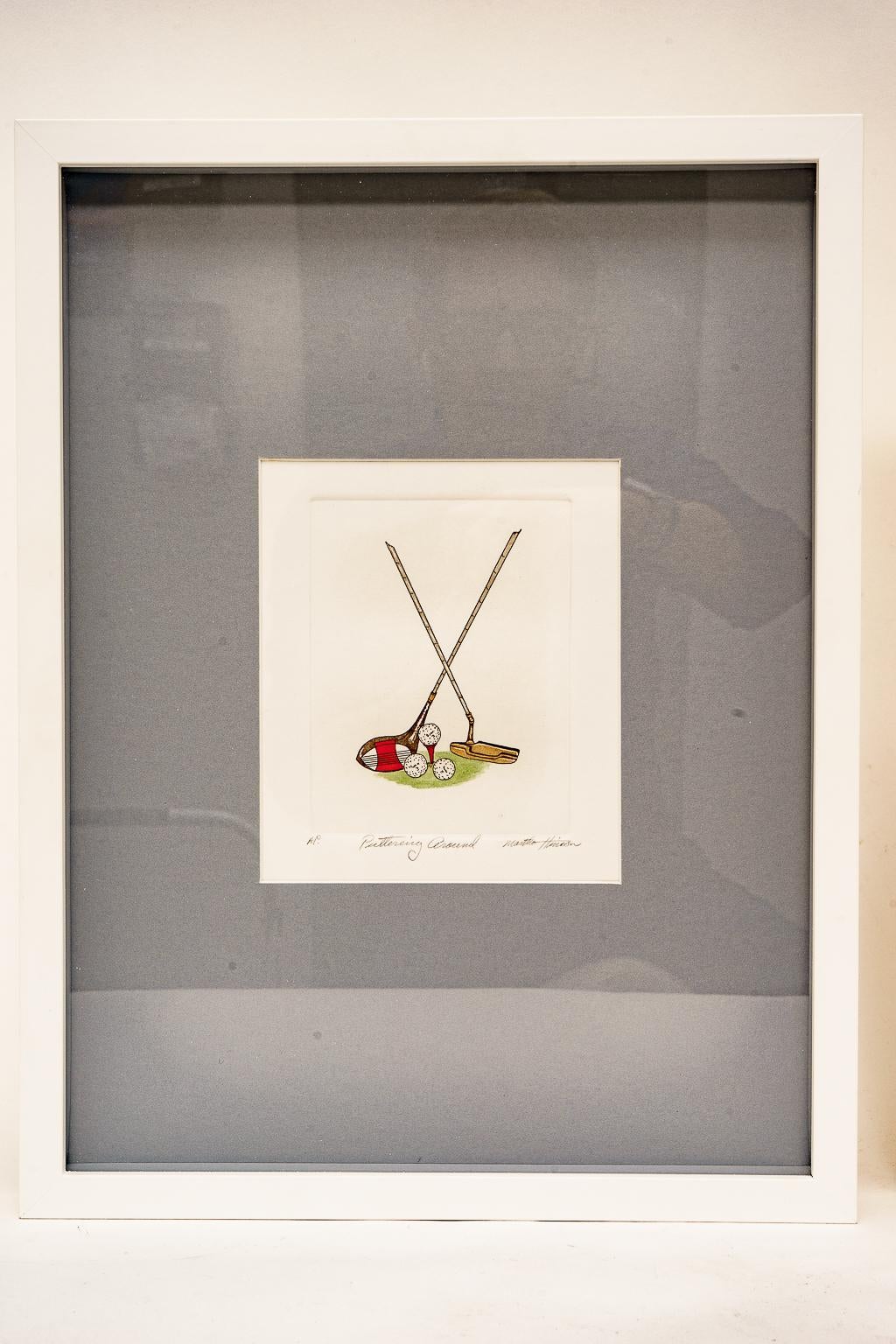 American Pair of Golf Motif Colored Etchings For Sale