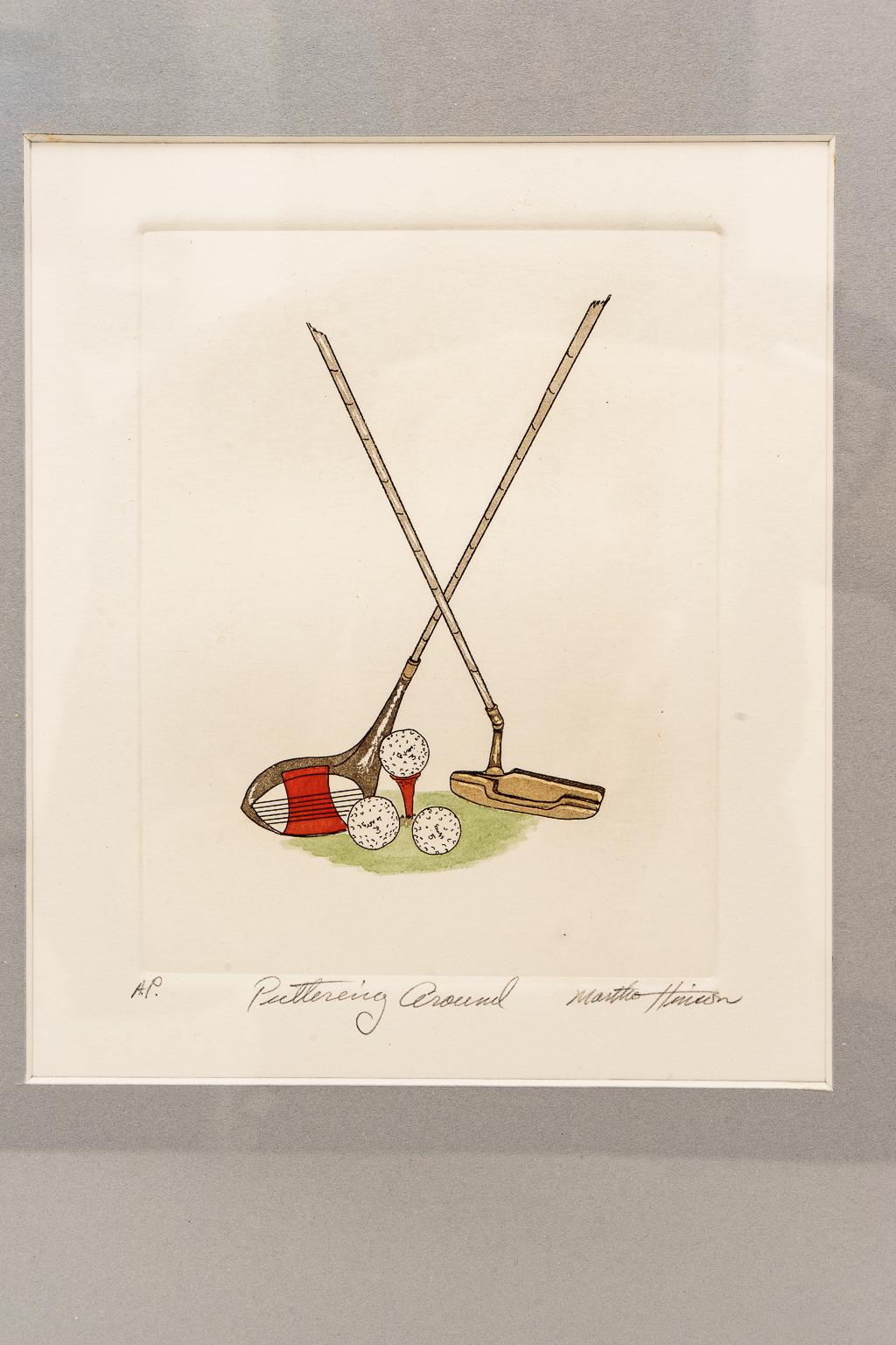 Pair of Golf Motif Colored Etchings In Good Condition For Sale In West Palm Beach, FL