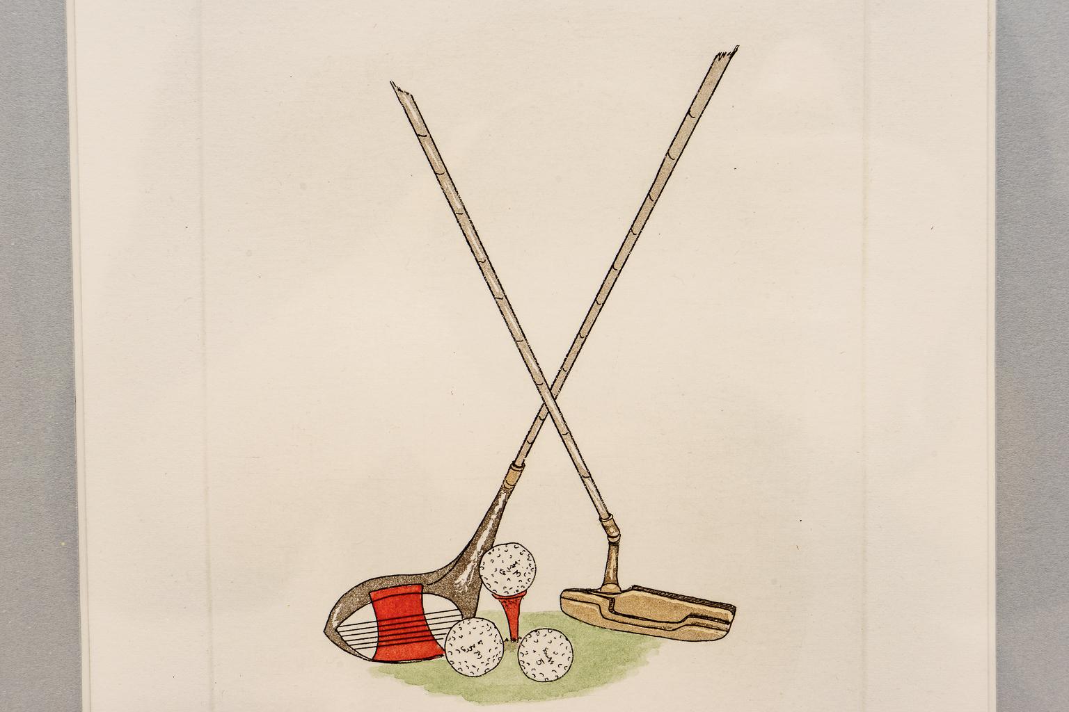 20th Century Pair of Golf Motif Colored Etchings For Sale