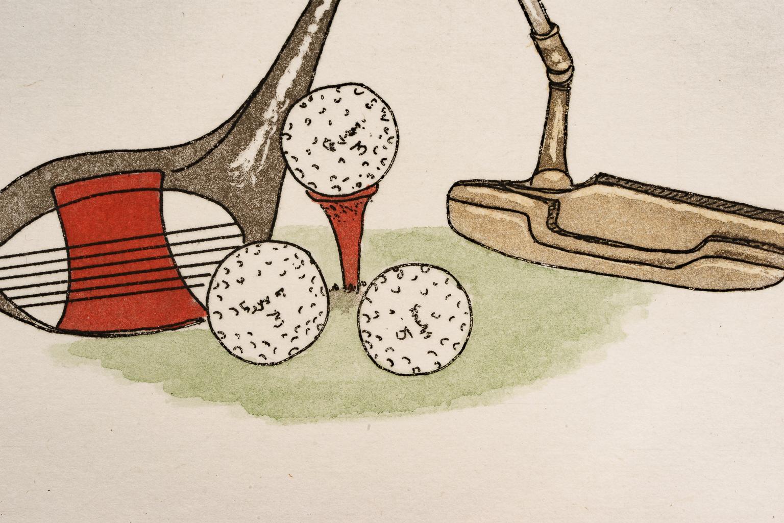 Paper Pair of Golf Motif Colored Etchings For Sale