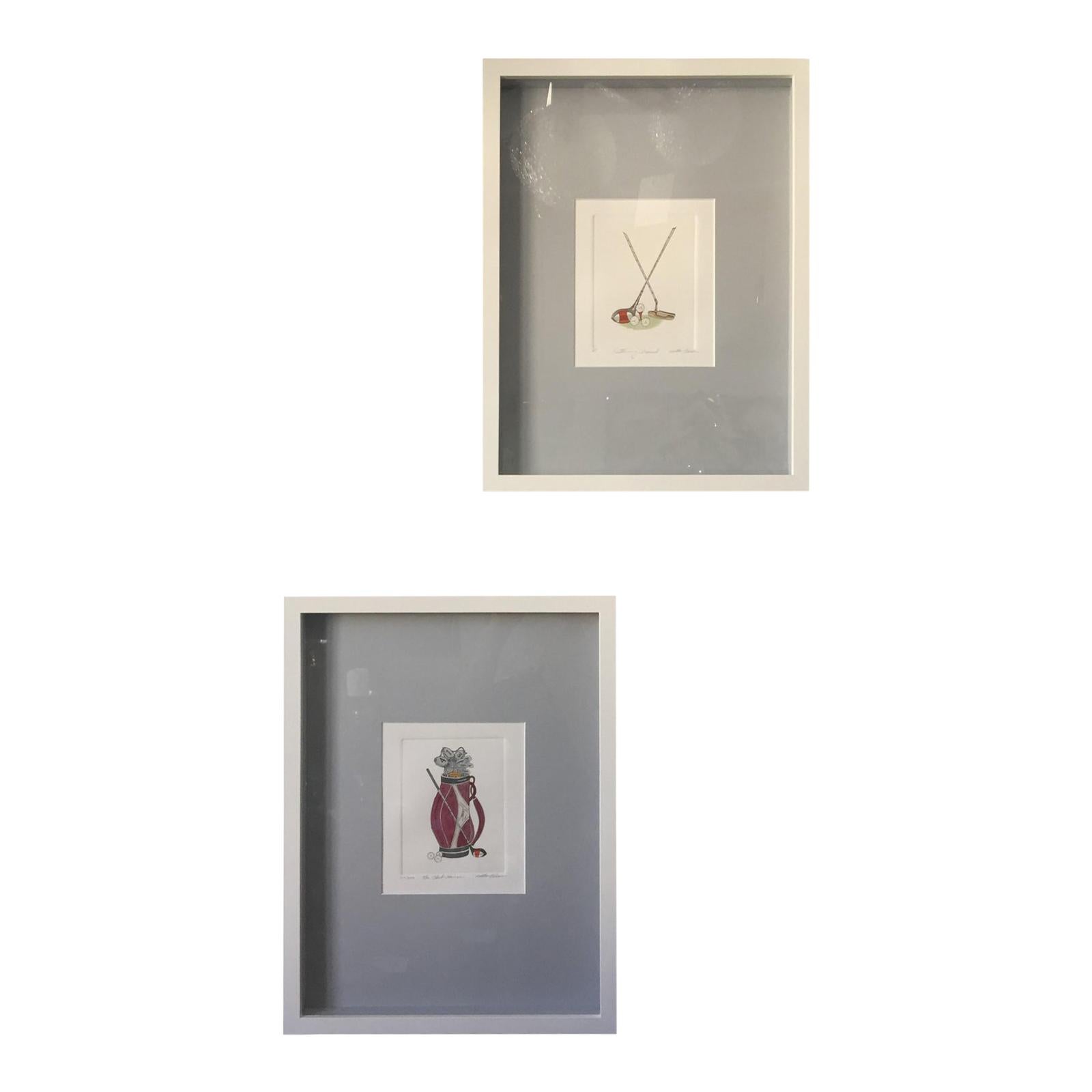 Pair of Golf Motif Colored Etchings For Sale