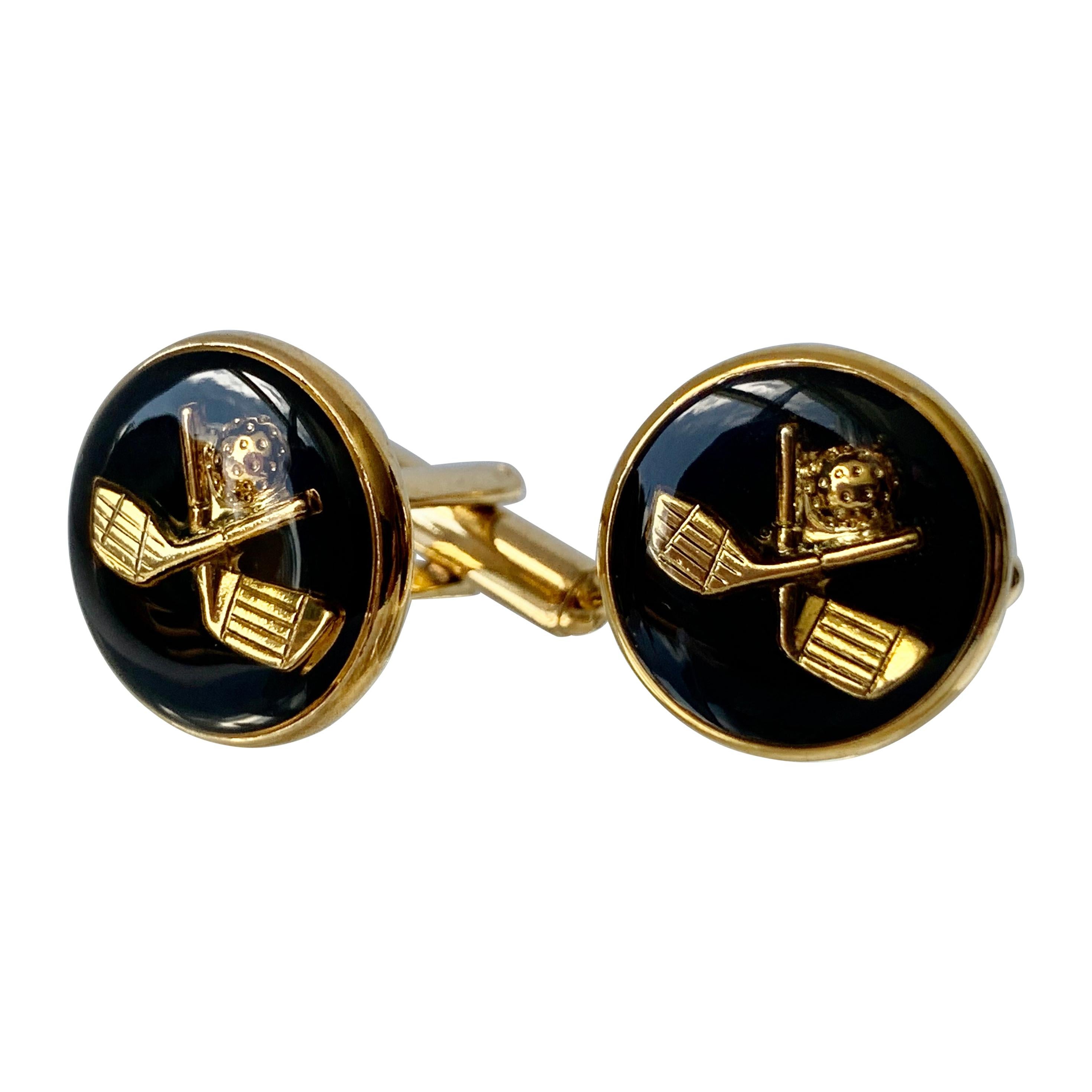 A Pair of Cufflinks with Golf Clubs & Ball on a Black Ground with "T" Backs