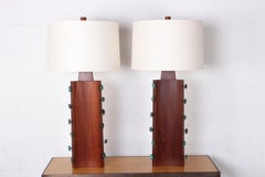 Pair of Gordon Martz Walnut and Bronze Lamps