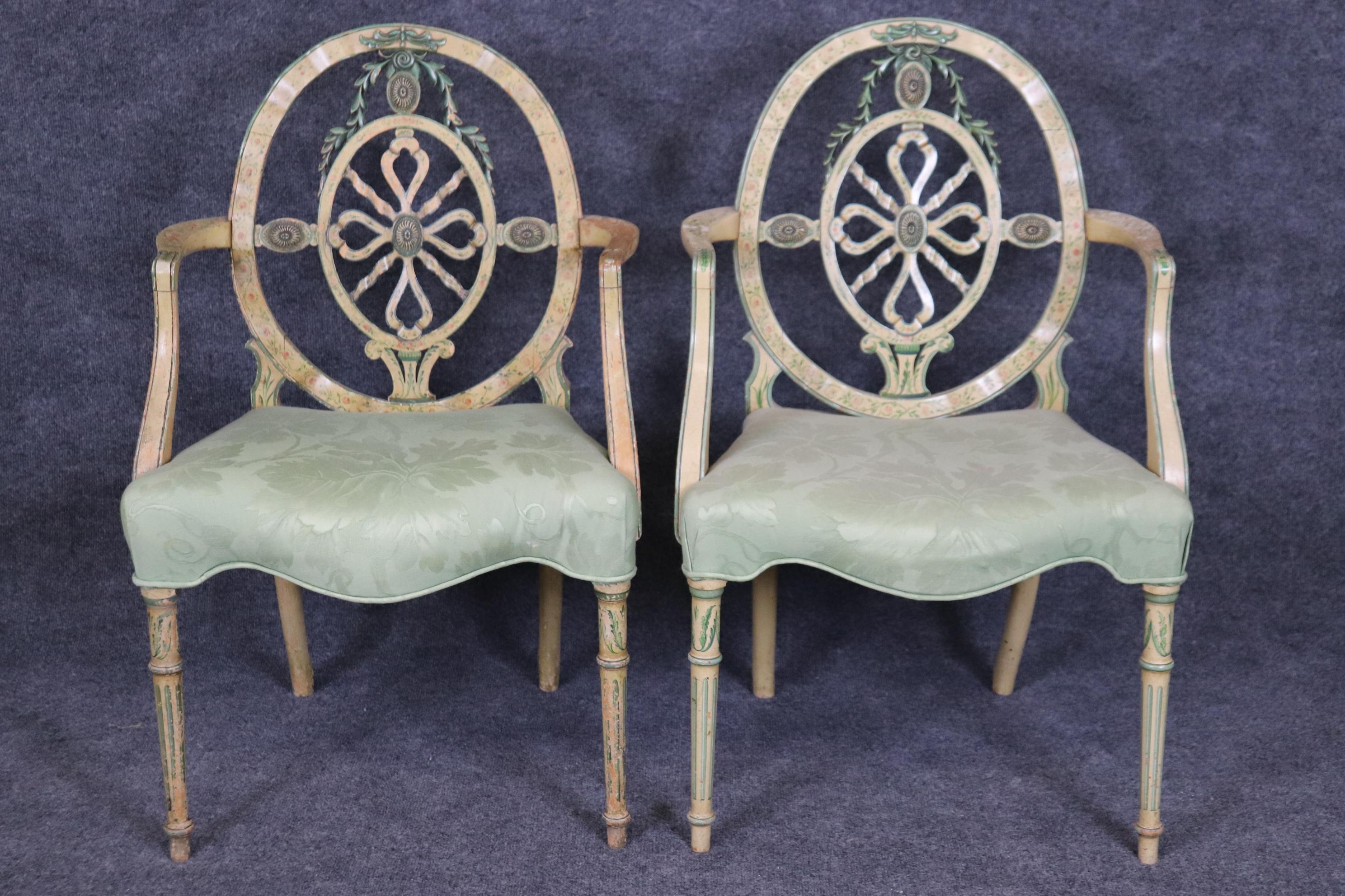 Adam Style Pair of Gorgeous Adams Paint Decorated English Armchairs Circa 1930s For Sale