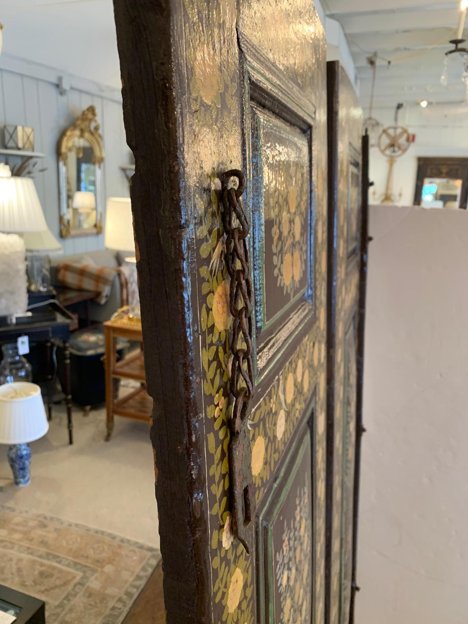Pair of Gorgeous Antique Persian Painted Paneled Cabinet Doors In Good Condition In Hopewell, NJ