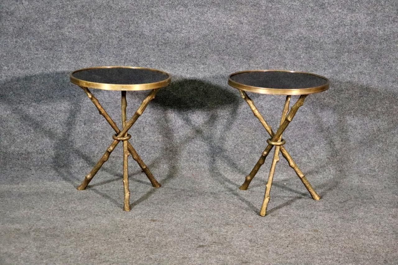 Directoire Pair of gorgeous brass and marble Faux Bois Twig End Tables 