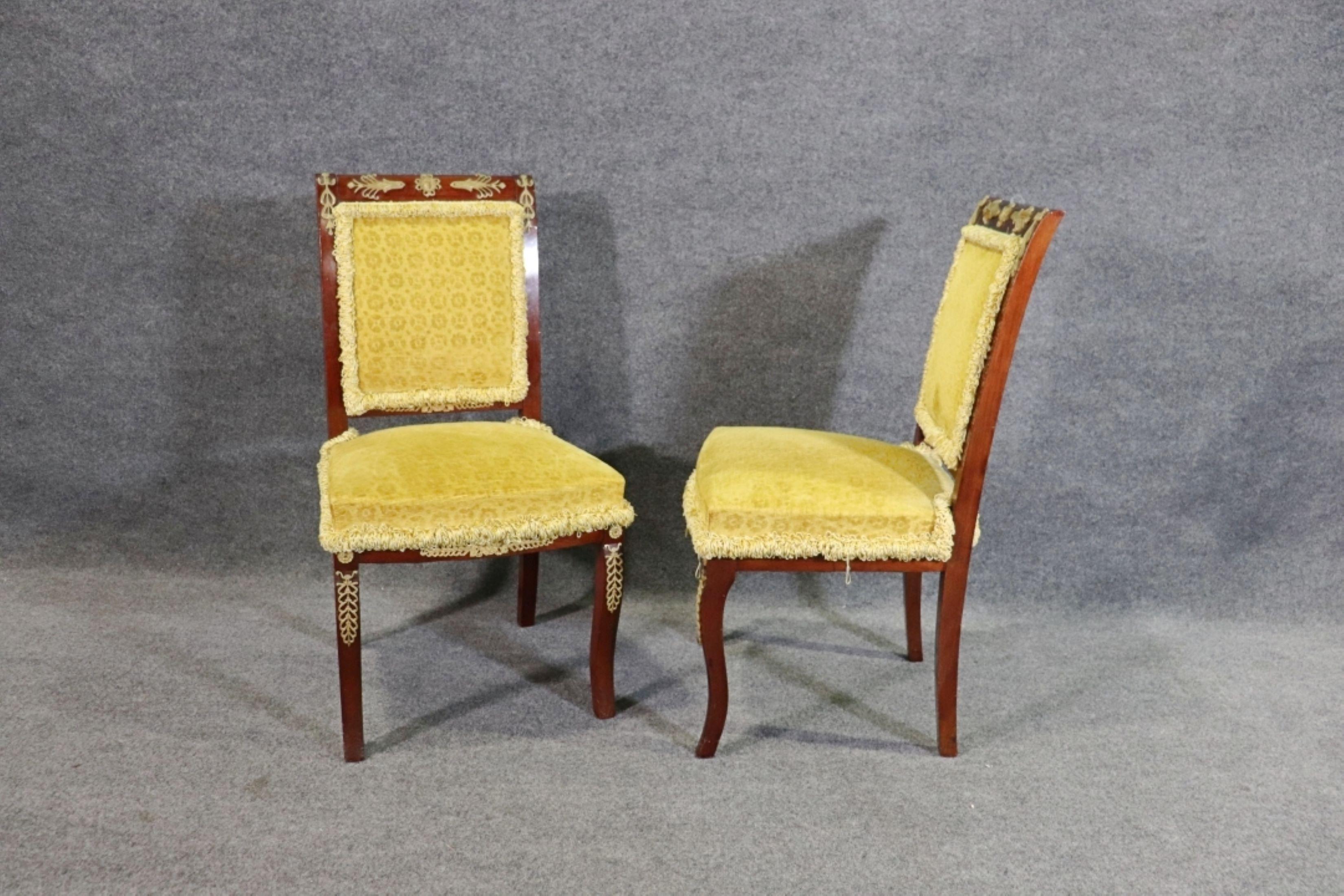 Pair of Gorgeous Bronze Mounted Ormolu French Empire Armchairs Circa 1950 For Sale 1