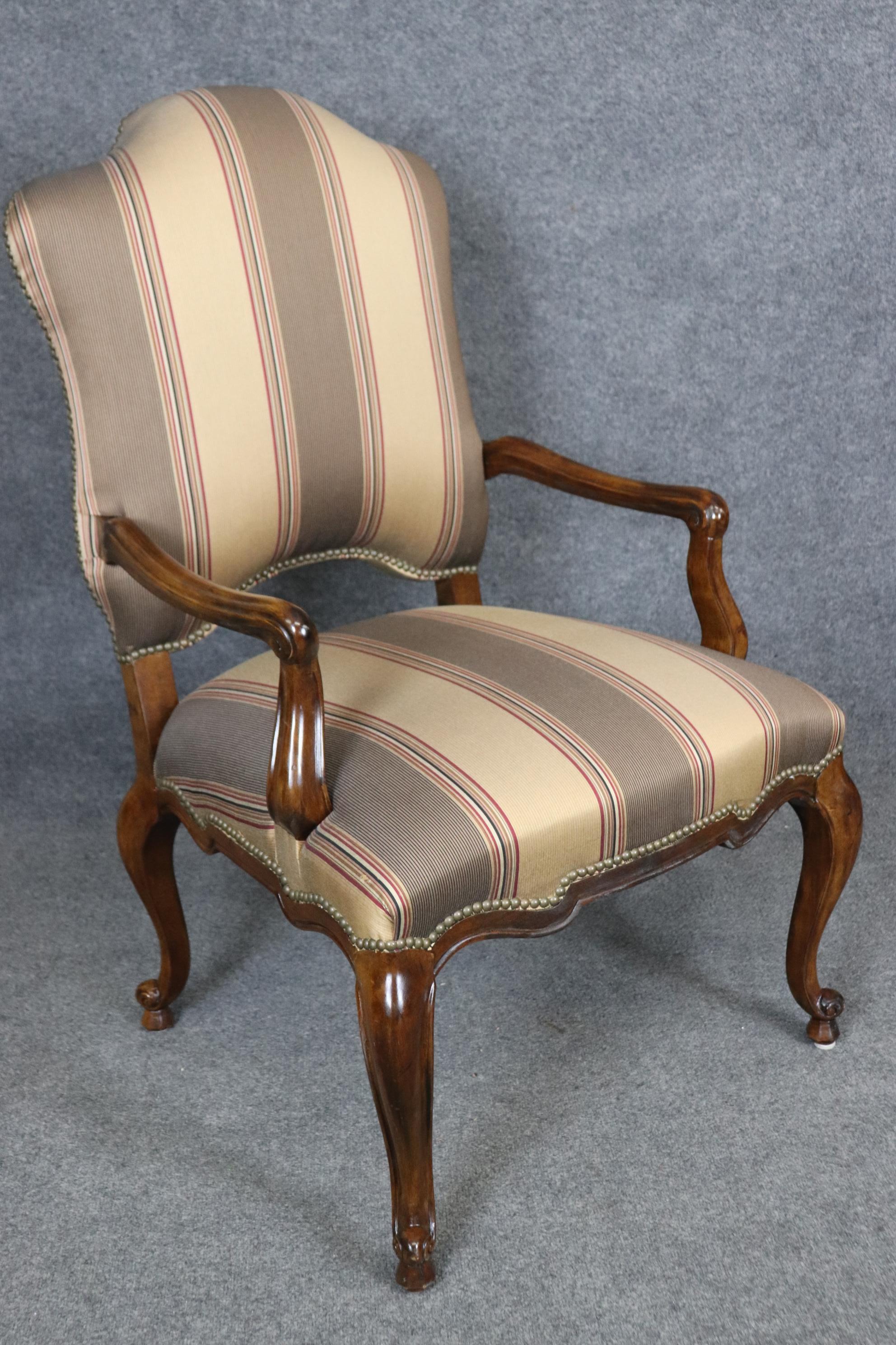 Pair of Gorgeous Century French Louis XV Walnut Armchairs Striped Upholstery For Sale 1