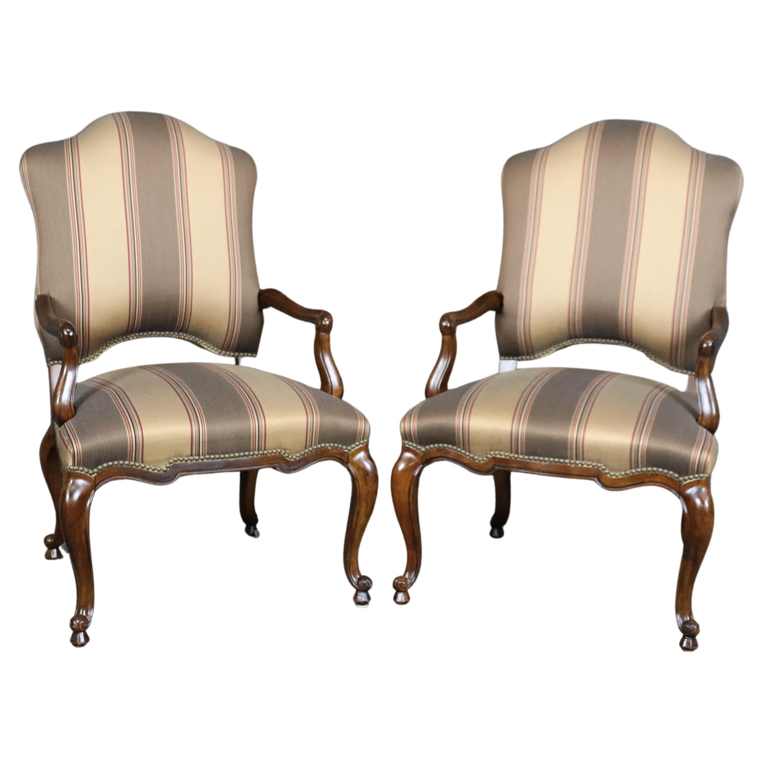 Pair of Gorgeous Century French Louis XV Walnut Armchairs Striped Upholstery For Sale