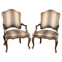 Pair of Gorgeous Century French Louis XV Walnut Armchairs Striped Upholstery