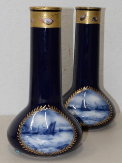 Pair of Gorgeous Cobalt Blue and Gilded A.P. & F. Limoges, France Vases