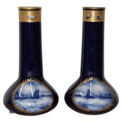 Pair of Gorgeous Cobalt Blue and Gilded A.P. & F. Limoges, France Vases