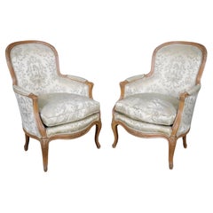 Vintage Pair of Gorgeous French Carved Louis XV Bergere Chairs Circa 1940s era