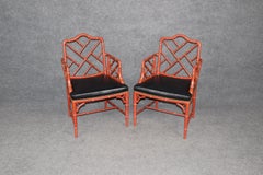 Pair of Gorgeous Red Chinese Chippendale Faux Bamboo Armchairs