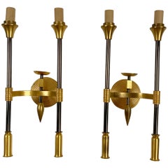 Exceptional Solid Brass and Steel Sconces, circa France 1940s