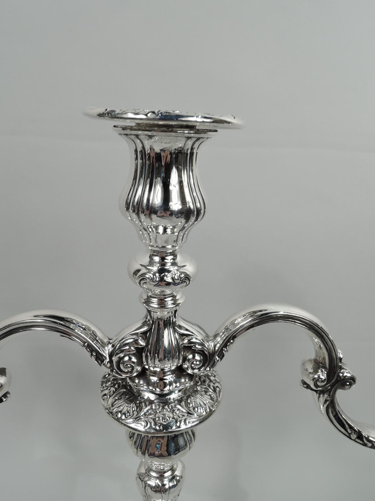 Sterling Silver Pair of Gorham American Edwardian Art Nouveau 3-Light Candelabra