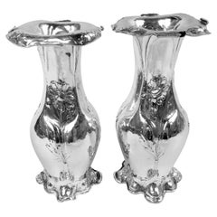 Pair of Gorham Art Nouveau Martele Silver Daisy Vases