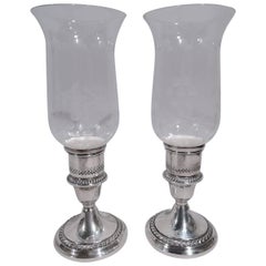 Pair of Gorham Cambridge Sterling Silver & Glass Hurricane Lamps