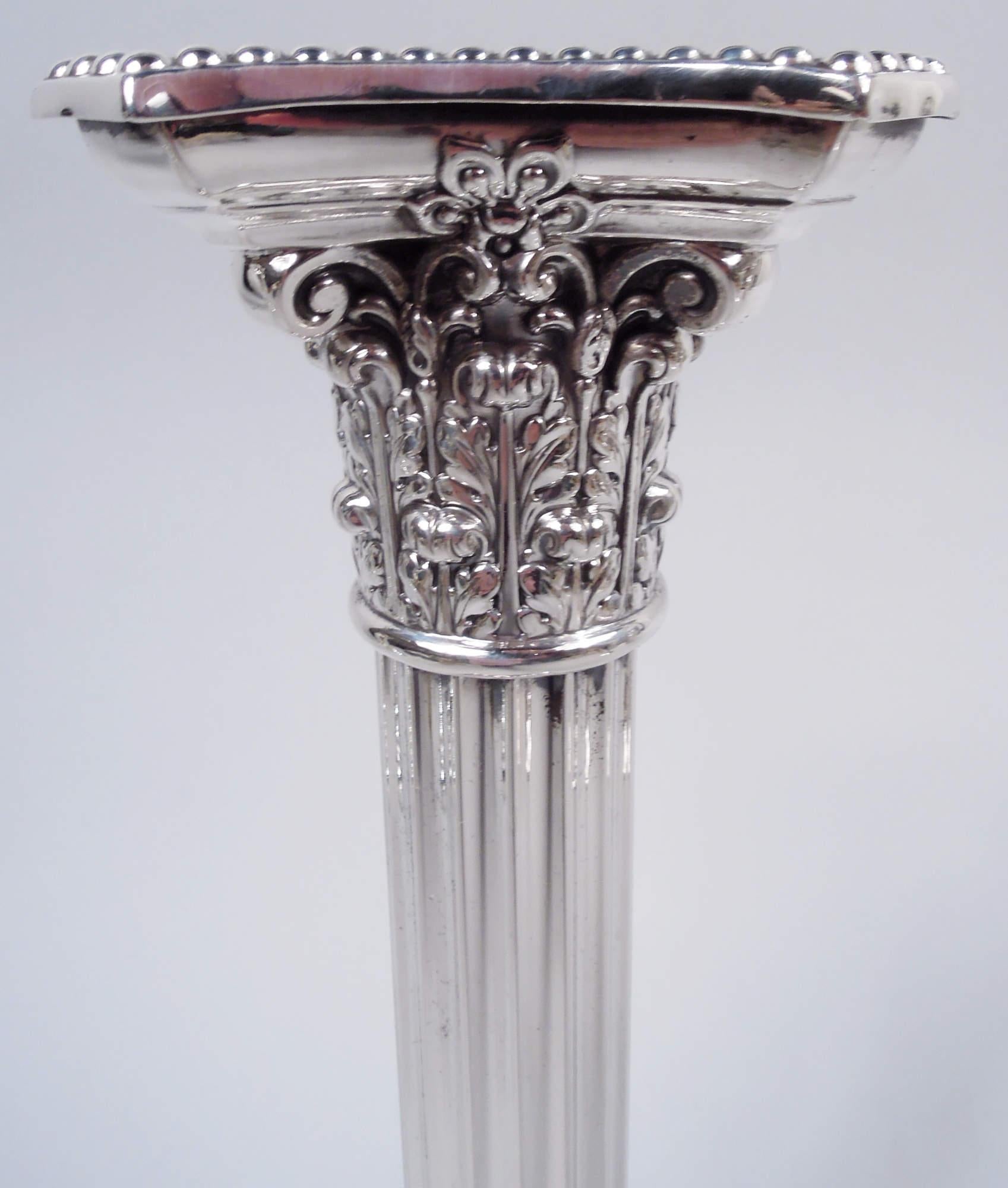 American Pair of Gorham Edwardian Classical Sterling Silver Column Candlesticks, 1916 For Sale