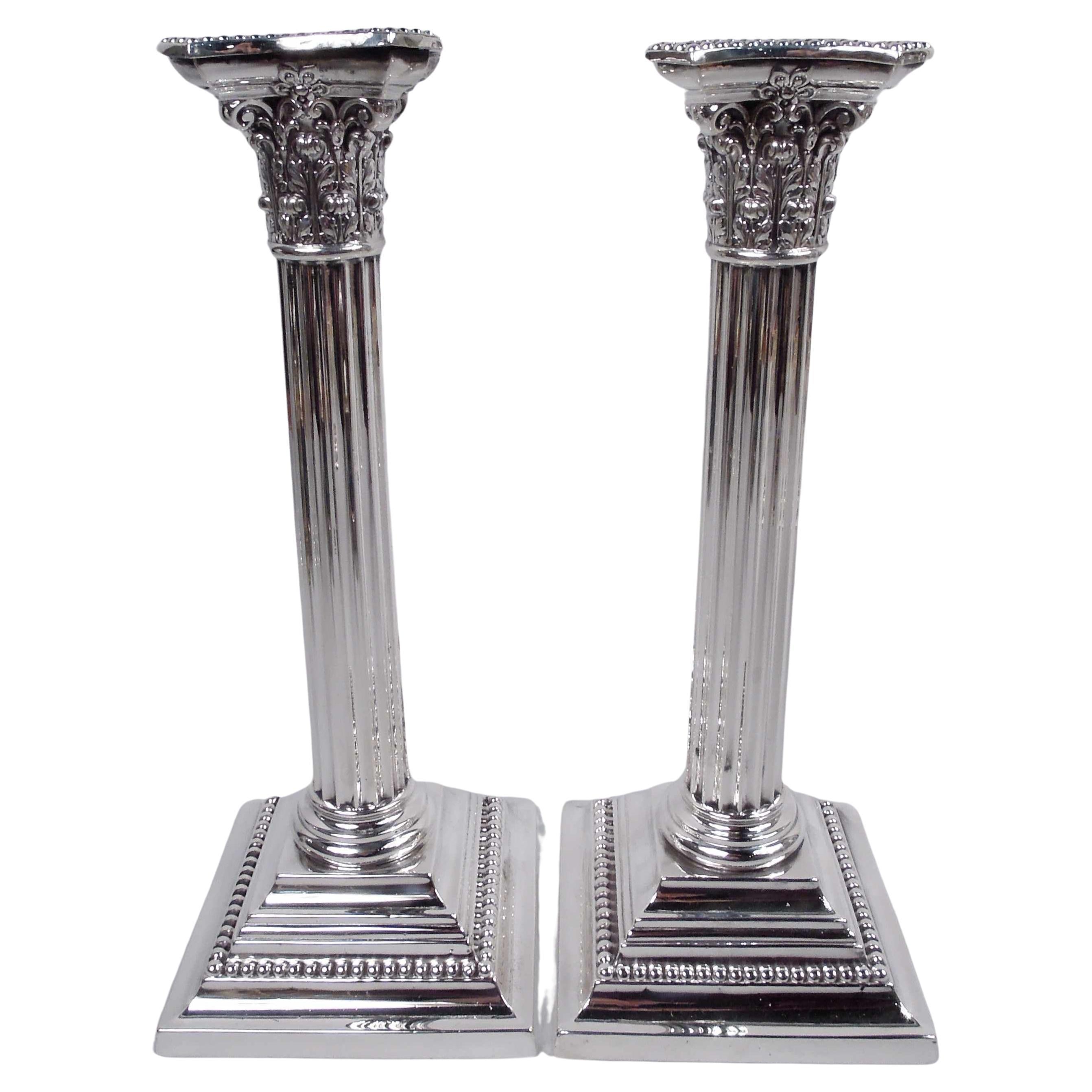 Pair of Gorham Edwardian Classical Sterling Silver Column Candlesticks, 1916 For Sale