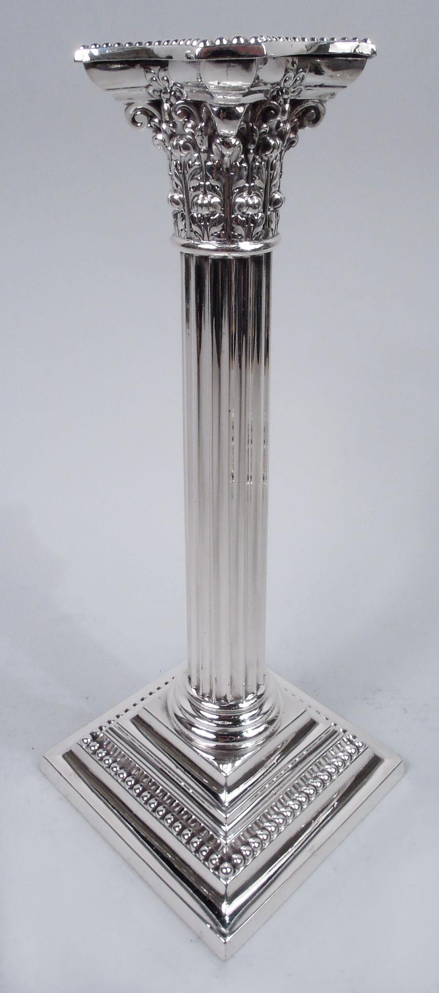 American Pair of Gorham Edwardian Classical Sterling Silver Column Candlesticks, 1917 For Sale