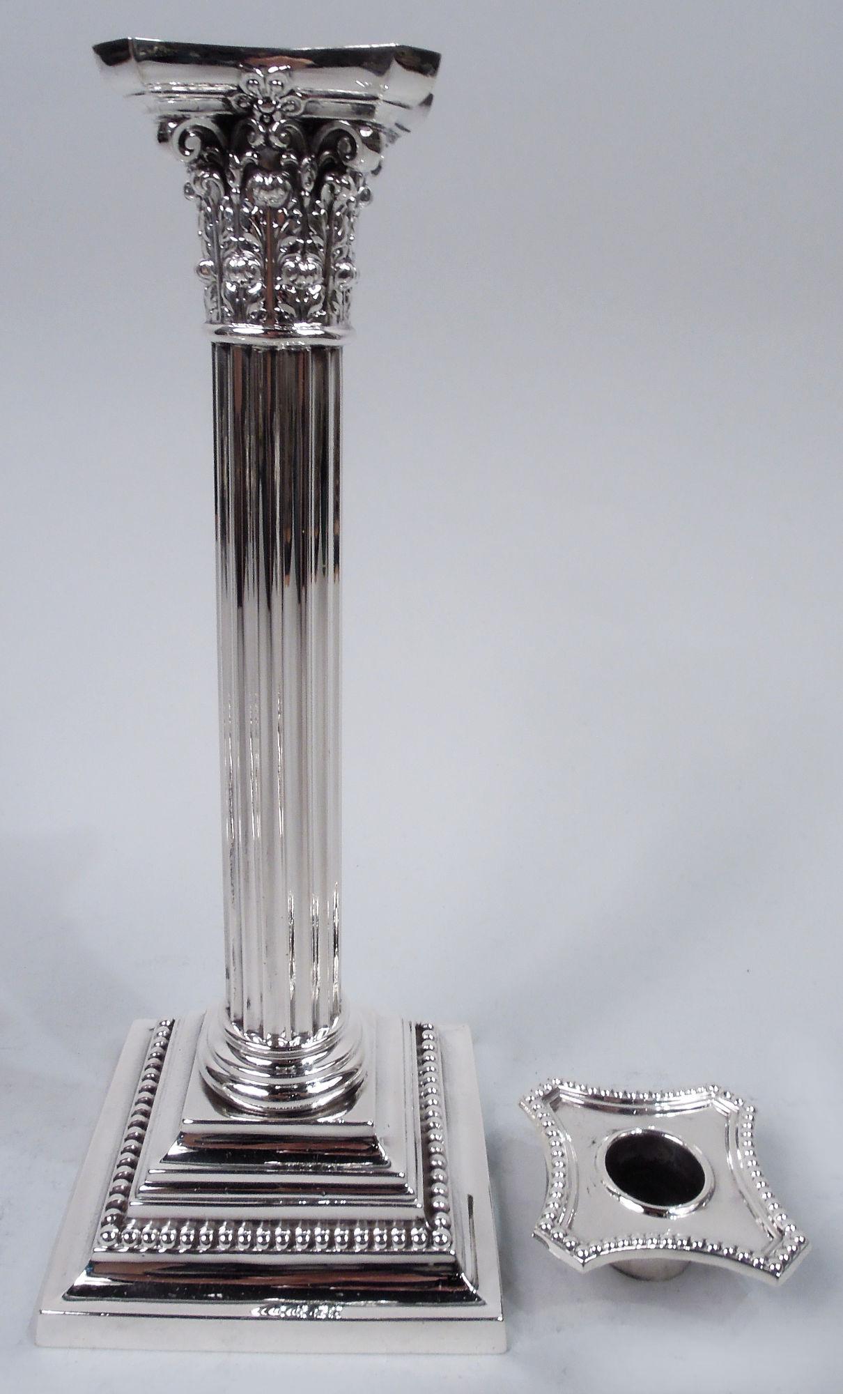 Beaded Pair of Gorham Edwardian Classical Sterling Silver Column Candlesticks, 1917 For Sale