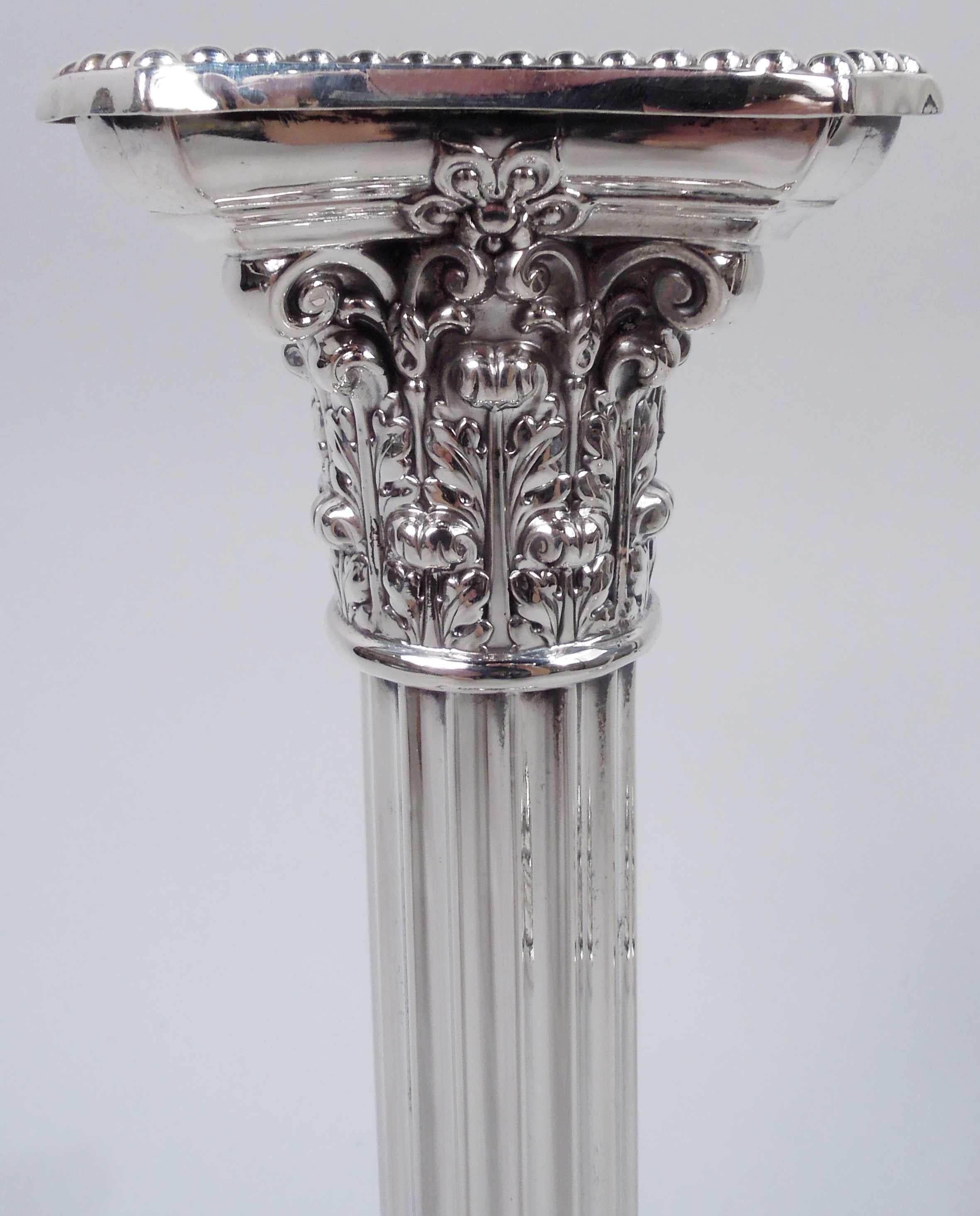 Pair of Gorham Edwardian Classical Sterling Silver Column Candlesticks, 1917 For Sale 1