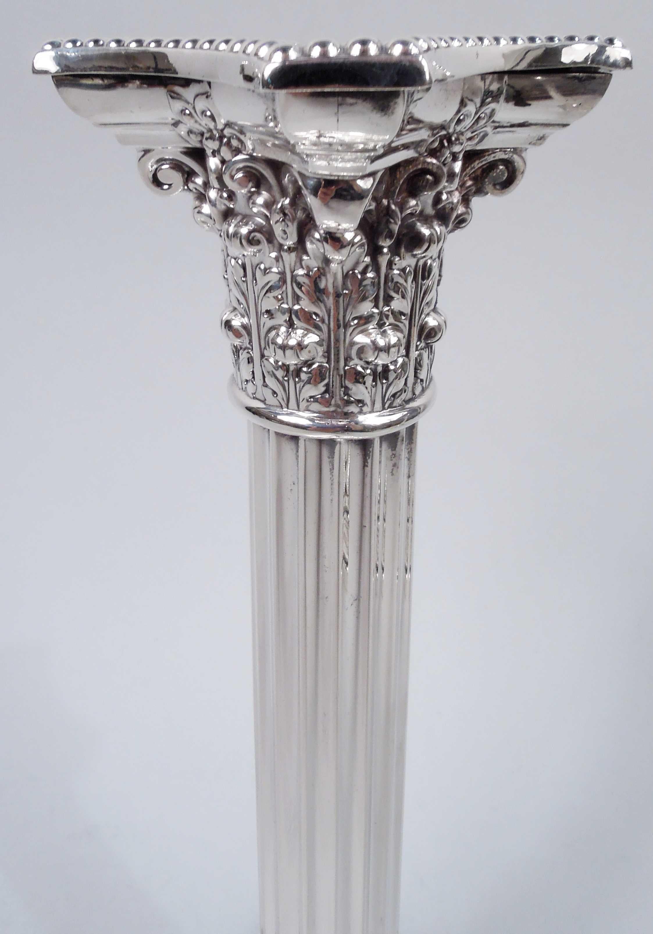Pair of Gorham Edwardian Classical Sterling Silver Column Candlesticks, 1917 For Sale 2
