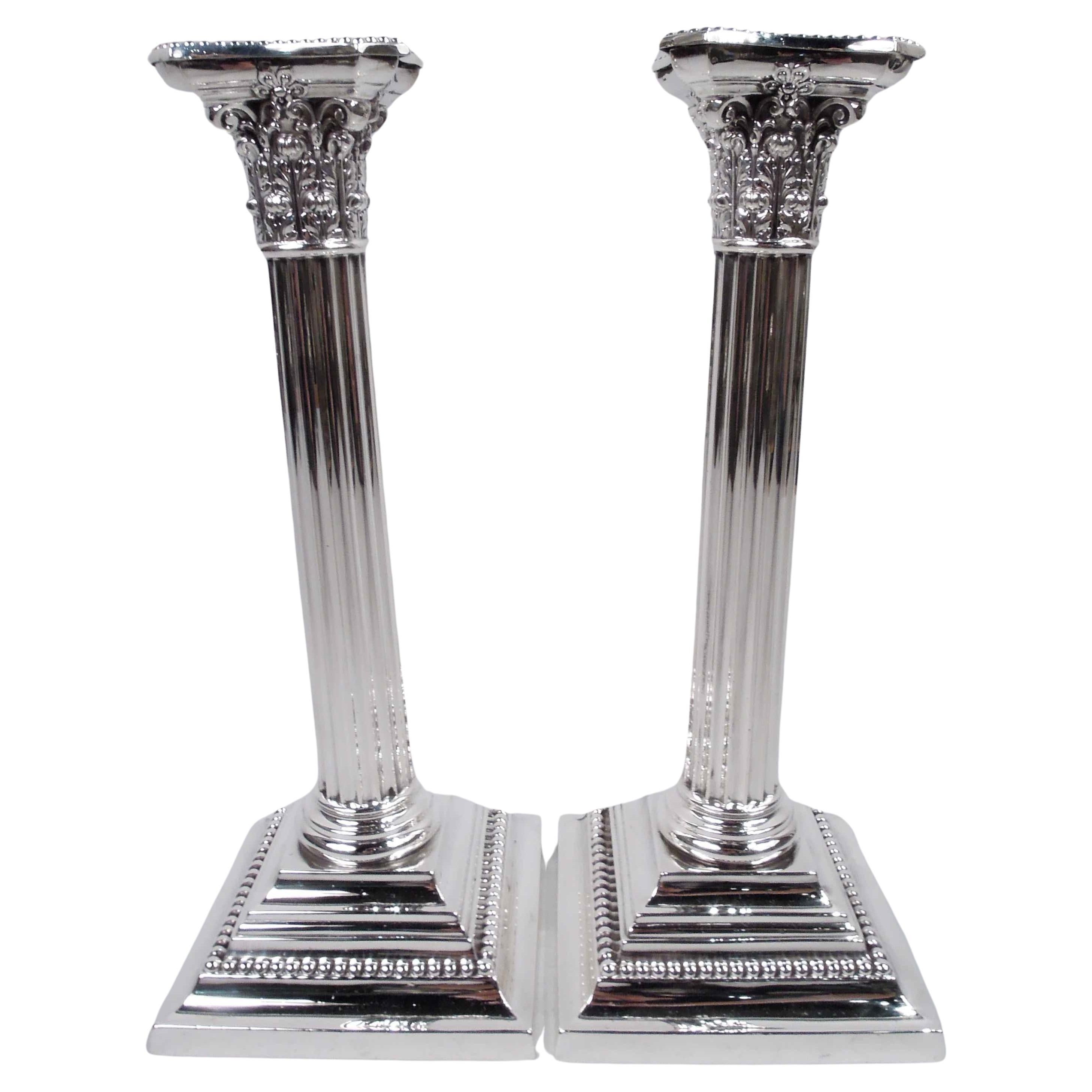 Pair of Gorham Edwardian Classical Sterling Silver Column Candlesticks, 1917 For Sale