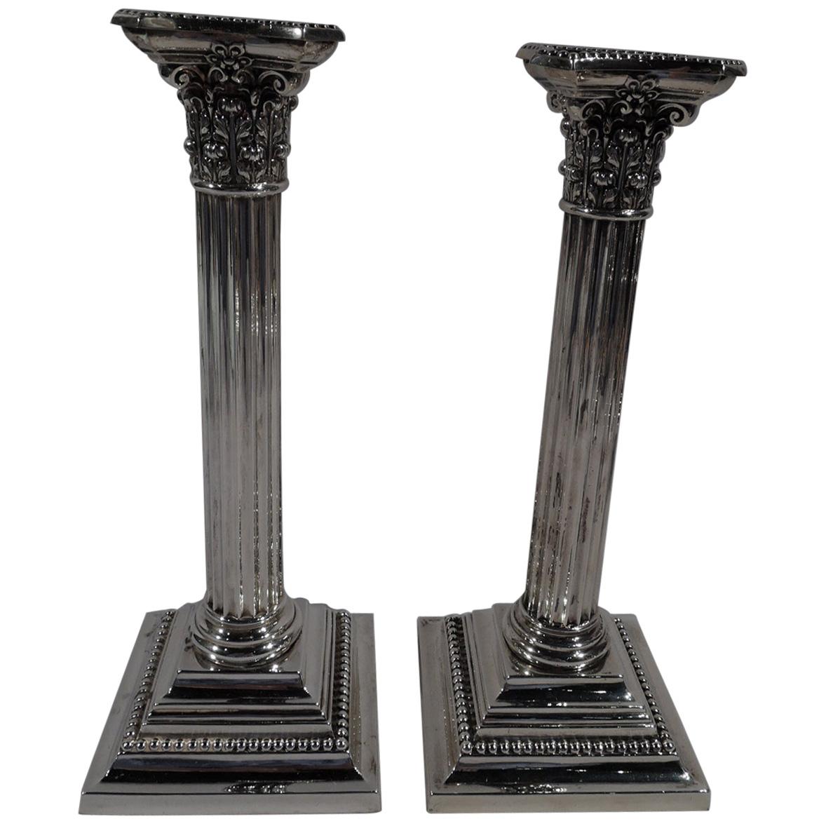Pair of Gorham Sterling Silver Classical Column Candlesticks