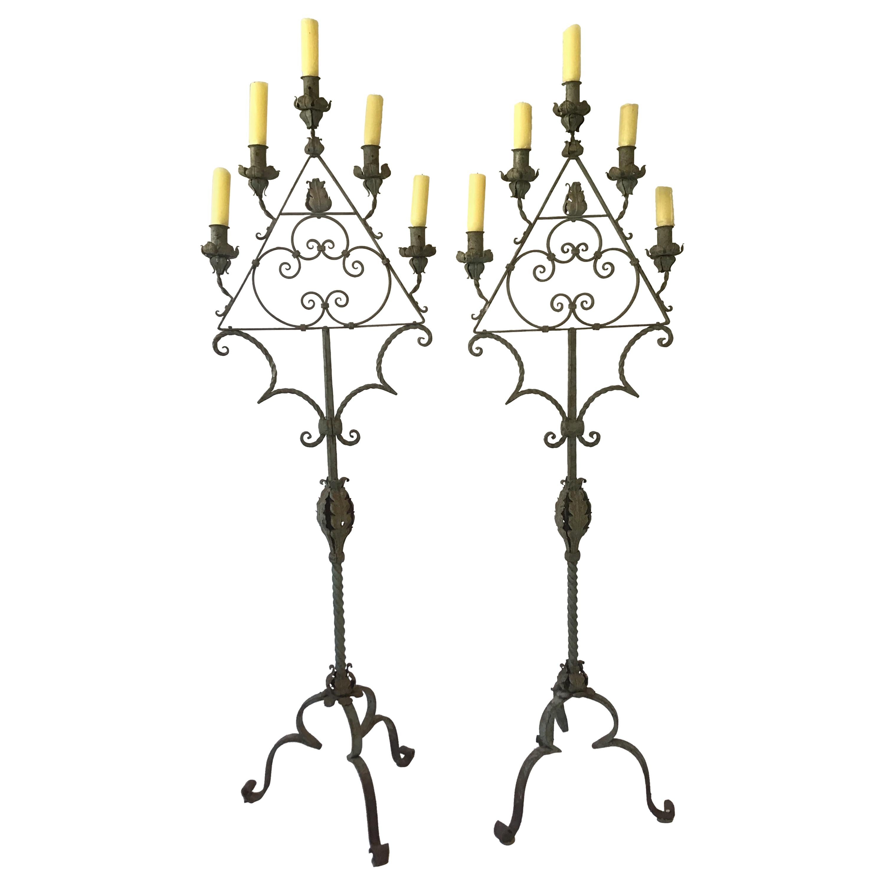 Pair of Gothic 1920s Wrought Iron Candelabras