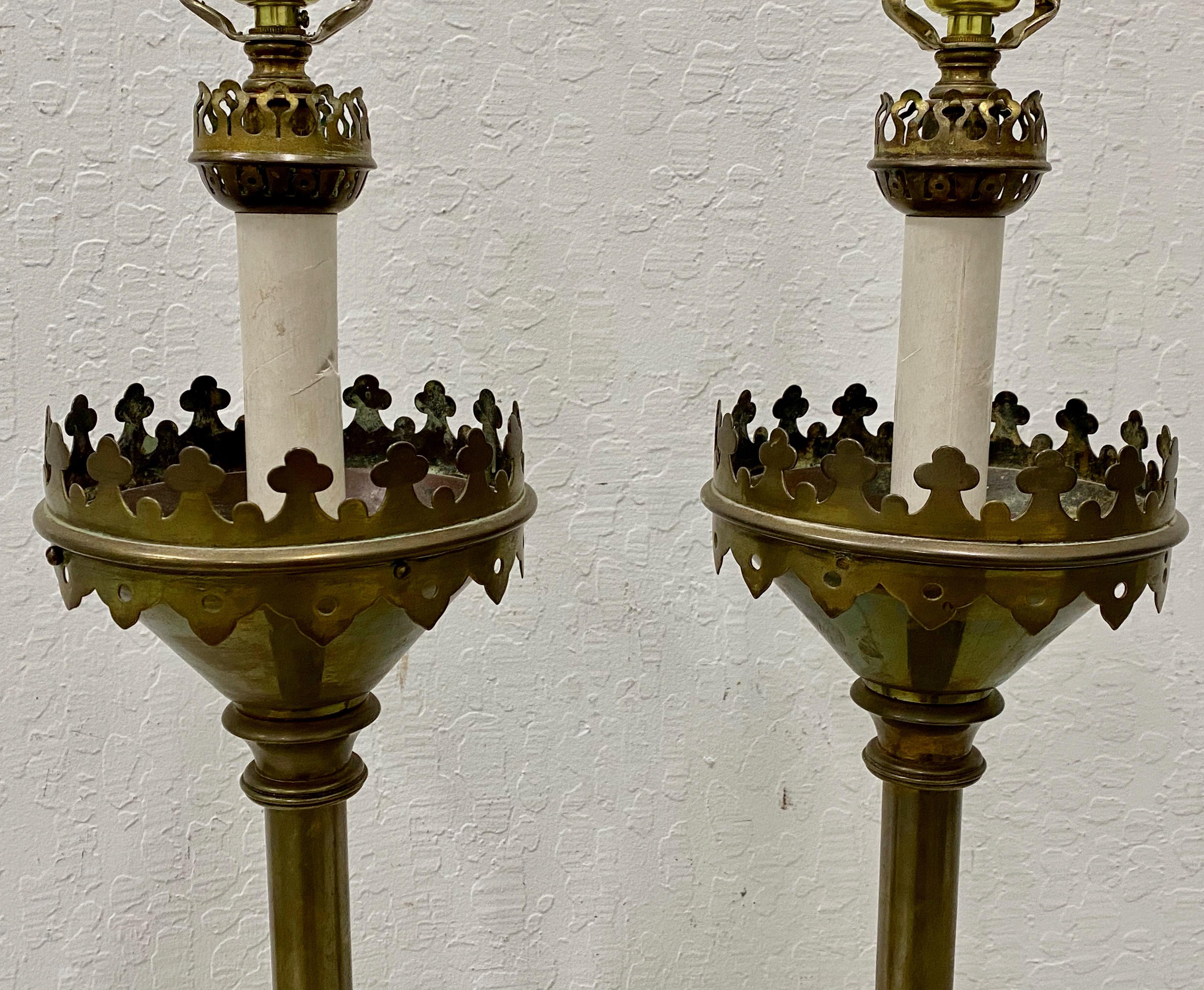 Hammered Pair of Gothic Antique Bronze Table Lamps, 19th Century