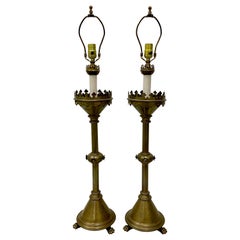 Pair of Gothic Antique Bronze Table Lamps, 19th Century
